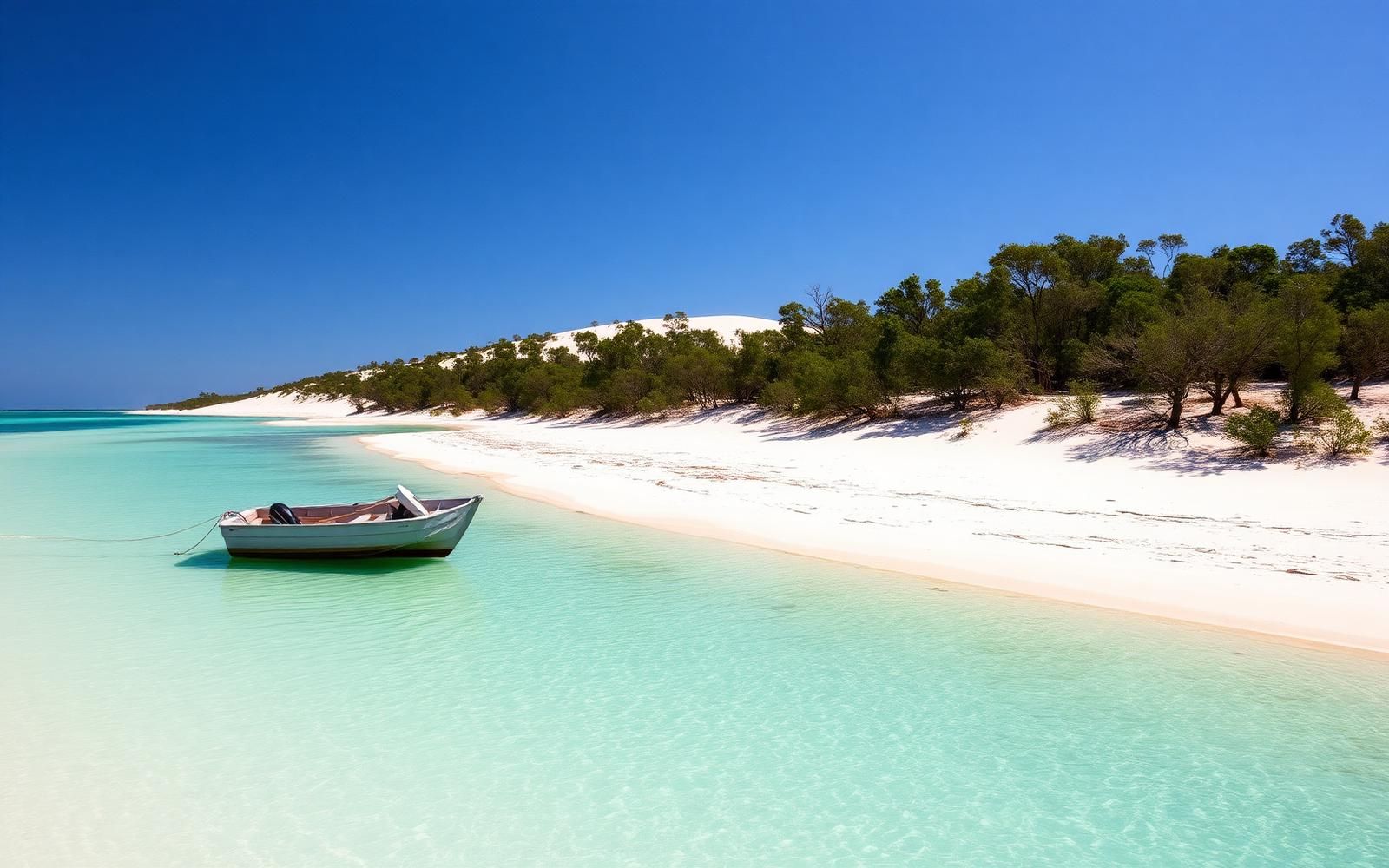 White sand beach and turquoise shallows with a small boat moored off a remote Northern Territory island